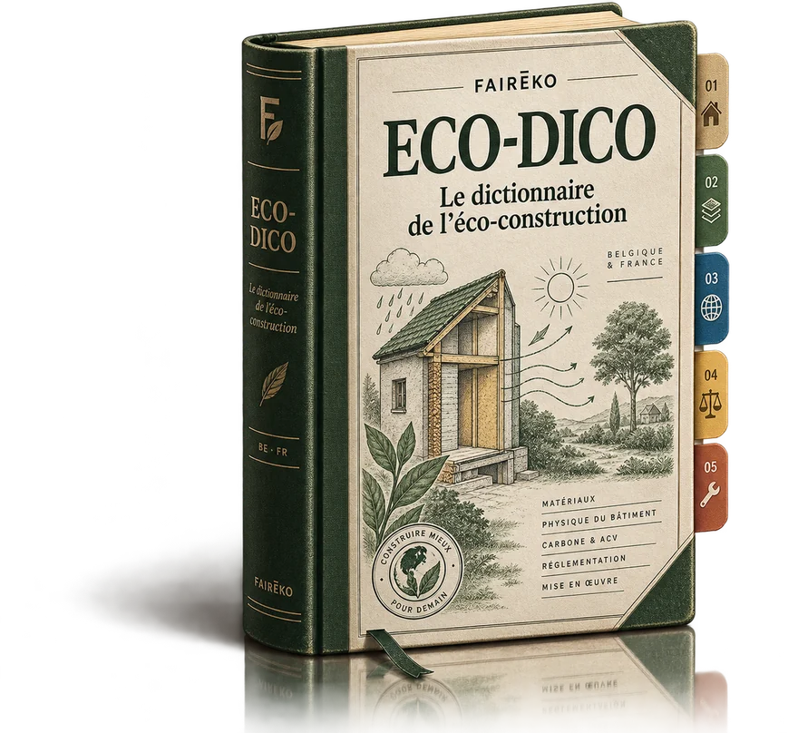 Le ECO-DICO en volume relié : cinq onglets de familles, tranche marquée FAIRĒKO, Belgique et France.