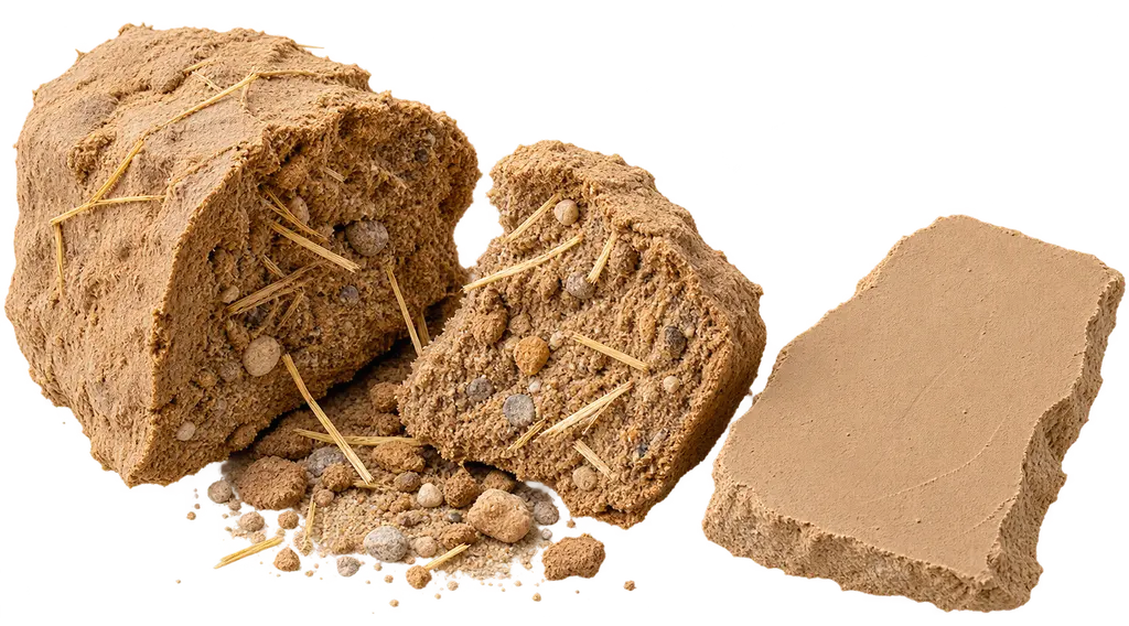 Une motte de terre à bâtir cassée en deux : la tranche montre le mélange dont l'argile est le liant — grains de sable, graviers et brins de paille pris dans la masse. À droite, un fragment d'enduit de terre sec et lissé. La terre crue n'est pas un isolant : λ de 0,4 à 1,1 selon la densité.