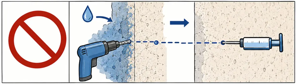 Le geste à ne pas faire, dessiné en deux temps sous un pictogramme d'interdiction. À gauche, une perceuse attaque un mur visiblement détrempé, l'eau saturant la maçonnerie. À droite, la seringue injecte le produit dans le trou ; la ligne de barrière est figurée en pointillé, mais le produit n'a pas de place où entrer.