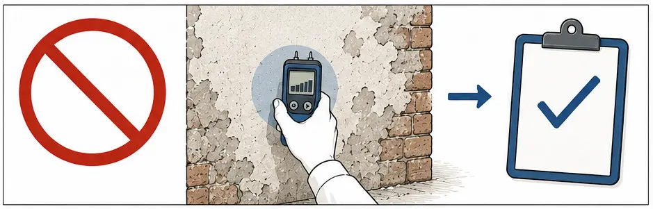 Le geste à ne pas faire, dessiné en deux temps sous un pictogramme d'interdiction. Une main gantée applique un humidimètre en un seul point d'un mur ancien dont l'enduit s'écaille et laisse voir la brique ; une flèche mène directement à un presse-papiers portant une coche, comme si le diagnostic était clos.