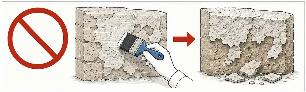 Le geste à ne pas faire, dessiné en deux temps sous un pictogramme d'interdiction. Une main gantée applique un consolidant à la brosse sur un mur de pierre dont la surface est déjà creusée et écaillée. À droite, le même mur plus tard : la désagrégation a repris et s'est étendue, des fragments de pierre jonchent le pied du mur.