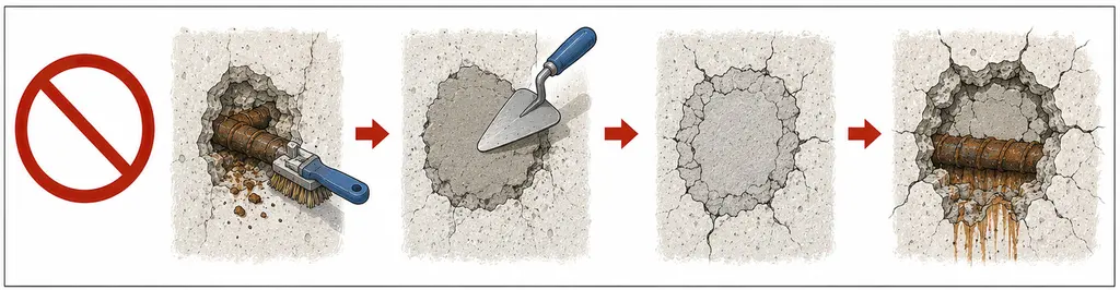 Le geste à ne pas faire, dessiné en quatre temps sous un pictogramme d'interdiction. Une armature rouillée apparente est brossée, la cavité est rebouchée au mortier à la truelle, la réparation paraît saine puis se fissure sur tout son pourtour, et le béton finit par éclater à nouveau en laissant couler la rouille.