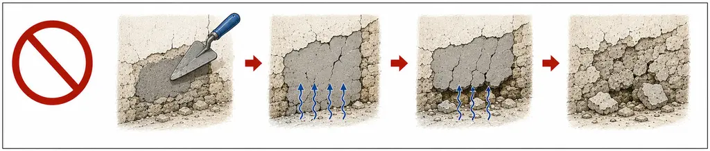 Le geste à ne pas faire, dessiné en quatre temps sous un pictogramme d'interdiction. Une zone désagrégée en bas d'un mur de moellons est rebouchée à la truelle par un mortier dense ; la reprise se fissure ; des flèches montrent l'eau qui monte en la contournant ; le parement voisin finit par se déliter en blocs qui tombent au pied, tandis que la pièce rapportée tient encore.