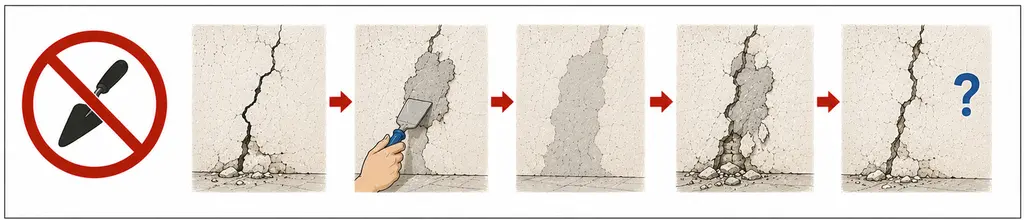 Le geste à ne pas faire, dessiné en cinq temps sous une truelle barrée. Une fissure nette traverse un mur du haut vers le bas ; une main la rebouche à la truelle ; la surface paraît saine ; la fissure réapparaît à travers la reprise ; elle est de nouveau ouverte, et un point d'interrogation remplace le diagnostic qu'on n'a plus.