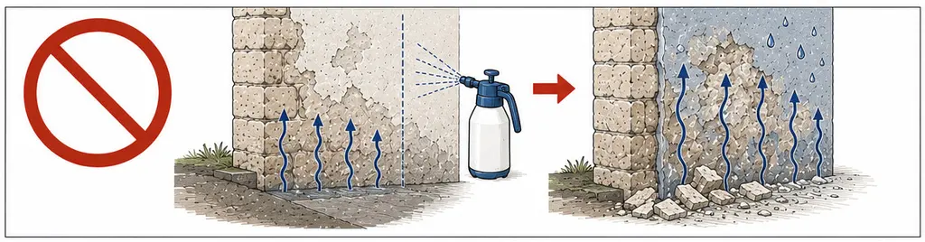 Le geste à ne pas faire, dessiné en deux temps sous un pictogramme d'interdiction. À gauche, un mur dont l'eau monte du sol, figurée par des flèches, et qu'on pulvérise malgré tout. À droite, le même mur après : le parement s'est détaché en plaques au pied, l'eau reste piégée derrière la zone traitée et ressort plus haut.