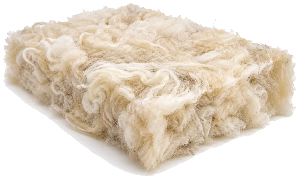 Un panneau de laine de mouton vu de trois quarts, crème à blanc cassé. La surface est faite de mèches frisées et bouclées, très volumineuses, mêlées à des fibres plus lisses et plus foncées, d'un beige grisé. La masse est aérée, irrégulière, et quelques mèches s'échappent des bords. Aucune trame ni couture n'est visible.