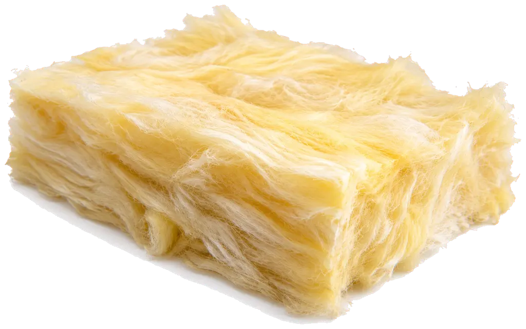 Un fragment de laine de verre vu de trois quarts, en pavé épais. Les fibres sont fines, longues et presque parallèles par endroits, d'un jaune paille lumineux, avec des zones blanchâtres et vaporeuses. La masse est très aérée, avec des creux d'ombre entre les couches. Les bords s'effilochent en voile léger.