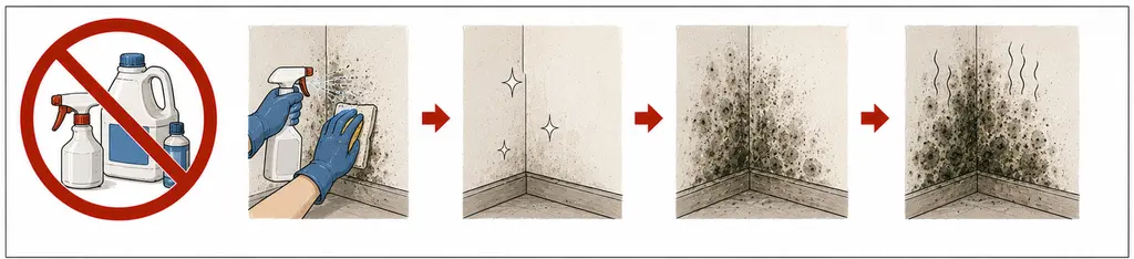 Le geste à ne pas faire, dessiné en quatre temps sous des produits de nettoyage barrés. Un angle de mur taché de noir est pulvérisé puis essuyé à l'éponge ; la surface paraît nette ; les taches reviennent au même endroit ; elles couvrent enfin tout l'angle, et des traits ondulés figurent l'odeur.