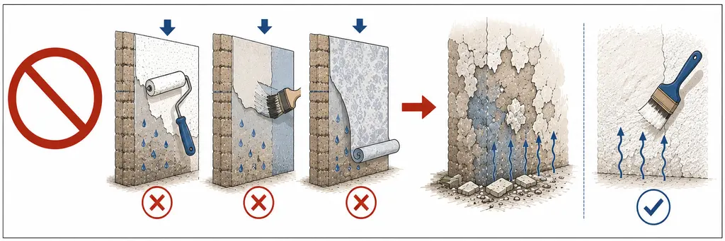 Le geste à ne pas faire, dessiné en cinq temps sous un pictogramme d'interdiction. Trois murs enduits reçoivent l'un une peinture au rouleau, l'autre un enduit fermé à la brosse, le troisième un papier peint, chacun marqué d'une croix. Un quatrième mur montre le résultat : l'enduit se détache en plaques au pied, l'humidité monte derrière. À droite, marqué d'une coche, un badigeon de chaux passé à la brosse laisse la vapeur traverser.
