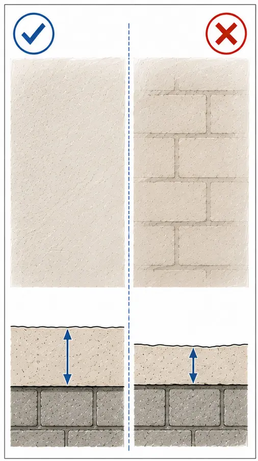Deux parois enduites côte à côte, vues de face. À gauche la surface est uniforme ; à droite le calepinage de la maçonnerie transparaît, blocs et joints lisibles à travers l'enduit. Dessous, deux coupes du même mur : l'enduit est épais à gauche, mince à droite, chaque épaisseur mesurée par une flèche.