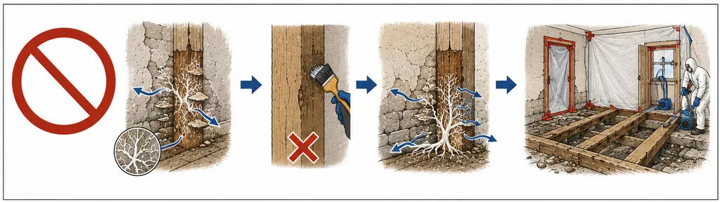 Le geste à ne pas faire, dessiné en quatre temps sous un pictogramme d'interdiction. Une poutre engagée dans une maçonnerie porte des fructifications et un réseau de filaments, détaillé dans un cercle grossissant ; une main passe un fongicide à la brosse sur le bois visible, marqué d'une croix ; le champignon s'étend ensuite plus largement dans le mur et le bois ; enfin une pièce est mise sous confinement, plancher déposé et poutres dégagées, pour une intervention complète en tenue de protection.