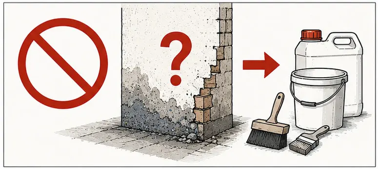 Le geste à ne pas faire, dessiné sous un pictogramme d'interdiction. Un angle de mur porte un désordre non identifié — parement blanchi en bas, briques dégarnies, gravats au pied — et un grand point d'interrogation. Une flèche mène directement à un jerrican, un seau et deux brosses, sans qu'aucun diagnostic ait été posé.