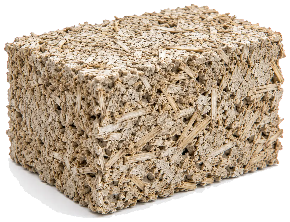 Un bloc de béton de chanvre vu de trois quarts, beige très clair. Il est fait de copeaux de chènevotte de 5 à 25 mm, orientés dans tous les sens, enrobés d'un liant pâle qui les soude là où ils se touchent. Entre eux subsistent de nombreux vides sombres : la masse est franchement ouverte. Des brins plus longs et plus blonds traversent les faces, et les arêtes sont émoussées.