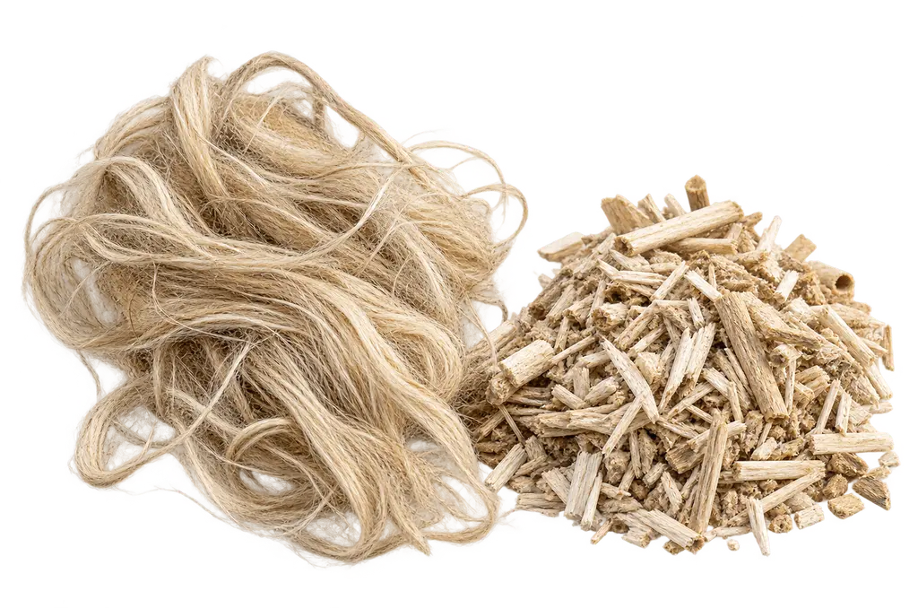 Les deux matières que donne la tige de chanvre, côte à côte et à la même échelle : à gauche la fibre, longs filaments souples blond pâle, filée en laines et panneaux isolants — λ 0,038 à 0,042 ; à droite la chènevotte, copeaux ligneux clairs et anguleux issus du cœur de la tige, employée en vrac ou liée — λ 0,048 à 0,053 en vrac.