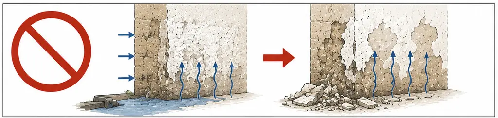 Le geste à ne pas faire, dessiné en deux temps sous un pictogramme d'interdiction. À gauche, un pied de mur où une canalisation rompue déverse : des flèches montrent l'eau qui entre latéralement et qui remonte dans la maçonnerie, dont le parement blanchit déjà. À droite, le même mur plus tard : le parement s'est détaché en larges plaques et les gravats s'accumulent au pied, tandis que l'eau continue de monter.