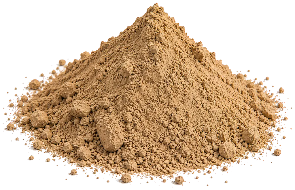 Un tas conique de poudre ocre-beige, photographié de face sur fond blanc. Le grain est très fin, avec des mottes arrondies de quelques millimètres sur les flancs et à la base. Des grains isolés et un voile de poussière s'étalent autour. La teinte va du beige sable au brun doux dans les ombres. Aucune fibre n'est visible.