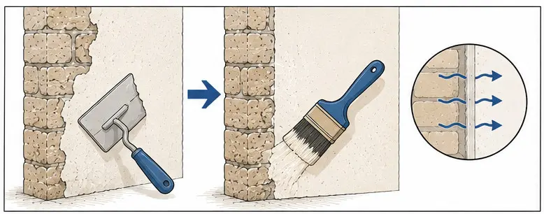 Le geste, dessiné en deux temps : l'enduit appliqué à la taloche sur la maçonnerie mise à nu, puis recouvert d'un badigeon de chaux passé à la brosse. Un détail agrandi montre la vapeur d'eau traversant le mur et l'enduit sans rencontrer rien qui l'arrête.