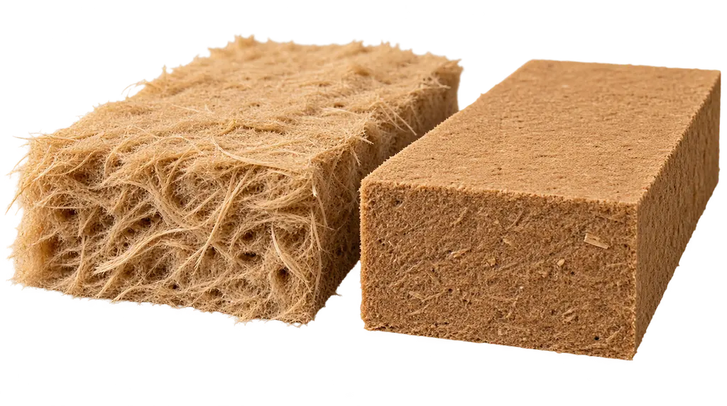Deux panneaux de fibre de bois posés côte à côte, la tranche coupée face à l'objectif : à gauche le souple, aux fibres lâches et ouvertes, 30 à 55 kg/m³ ; à droite le rigide, dense et compact, 110 à 270 kg/m³. Même matière défibrée, des λ voisins — 0,036 à 0,048 — et deux emplois qui n'ont rien à voir.