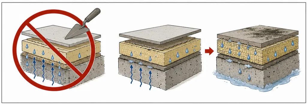 Le geste à ne pas faire, dessiné en trois temps sous une truelle barrée. Un empilement en coupe — support, couche intermédiaire, dalle de revêtement — reçoit son revêtement alors que des gouttes et des flèches montrent l'humidité encore présente dessous. Plus tard, l'eau s'est accumulée dans la couche intermédiaire, ruisselle sous l'ensemble et tache le dessus du revêtement de moisissures sombres.
