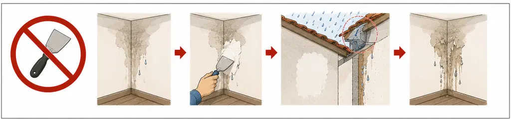 Le geste à ne pas faire, dessiné en quatre temps sous un couteau à enduire barré. Une coulure humide descend dans un angle intérieur ; une main la gratte et la rebouche ; à l'extérieur, un raccord de gouttière fuyard est entouré et déverse le long de la façade ; la coulure est revenue à l'intérieur, plus large qu'avant.