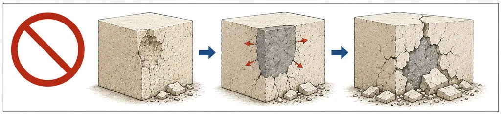 Le geste à ne pas faire, dessiné en trois temps sous un pictogramme d'interdiction. Un bloc de pierre calcaire porte une cavité de désagrégation ; elle est comblée par un mortier gris et dense, dont des flèches rouges montrent qu'il exerce une poussée vers l'extérieur ; la pierre se fissure tout autour de la reprise, se détache en blocs qui tombent au pied, tandis que le mortier reste en place.