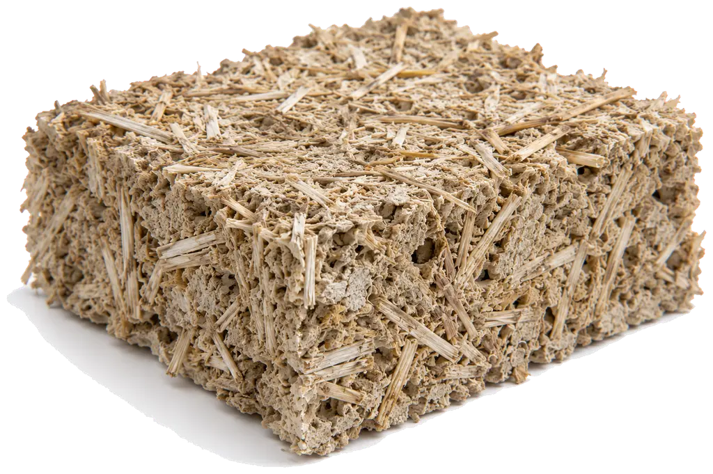 Un bloc de terre allégée vu de trois quarts, beige clair à paille. Des brins végétaux clairs, de 1 à 5 cm, sont orientés dans toutes les directions et dépassent partout des faces et des arêtes. Entre eux, une terre fine et claire les enrobe sans les noyer : la masse est très ajourée, creusée de vides sombres. Les arêtes sont molles et irrégulières.